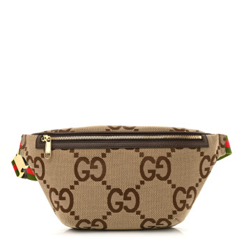 GUCCI Monogram Jumbo GG Textured Dollar Calfskin Web Belt Bag Camel Ebony New Acero