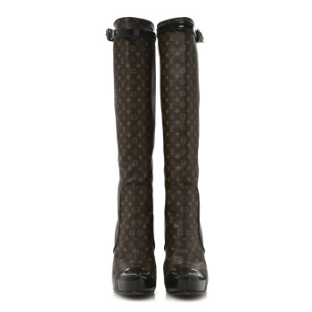 LOUIS VUITTON Patent Monogram Idole Knee High Boots 37 Brown