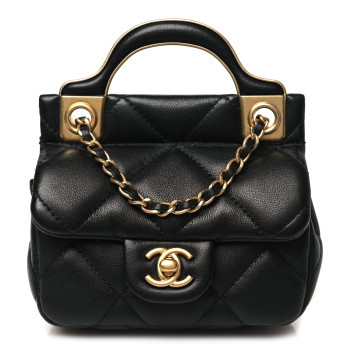 CHANEL Calfskin Quilted Lady Handle Clutch With Chain Black