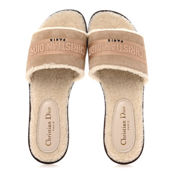 CHRISTIAN DIOR Suede Goatskin Shearling Embroidered Dway Slide Sandals 38 Cookie