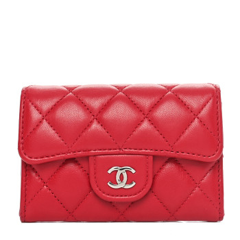 CHANEL Lambskin Quilted Flap Card Holder Wallet Red