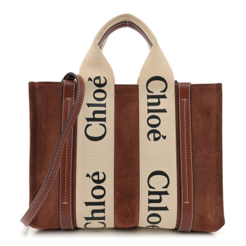 CHLOE Suede Calfskin Small Woody Ribbon Tote Sepia Brown
