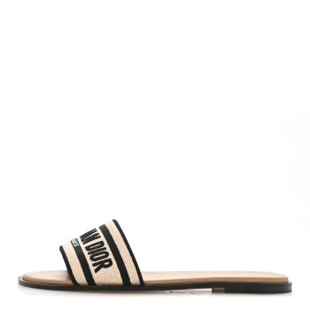 CHRISTIAN DIOR Straw Embroidered Dway Flat Slide Sandals 41 Natural Black