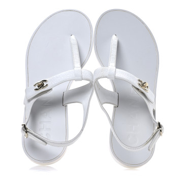 CHANEL Lambskin CC Thong Sandals 36 White