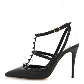 VALENTINO GARAVANI Calfskin Nappa Monochrome Rockstud Ankle Strap 100mm Pumps 40 Black