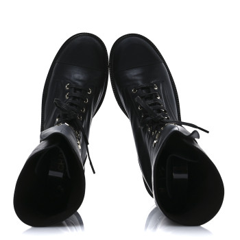 CHANEL Shiny Calfskin Lace Up Combat Boots 40 Black