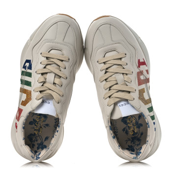 GUCCI Calfskin Glitter Game Logo Womens Rhyton Sneakers 37.5 Mystic White