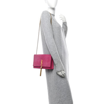 SAINT LAURENT Suede Medium Monogram Kate Tassel Shoulder Bag Lipstick Fuchsia