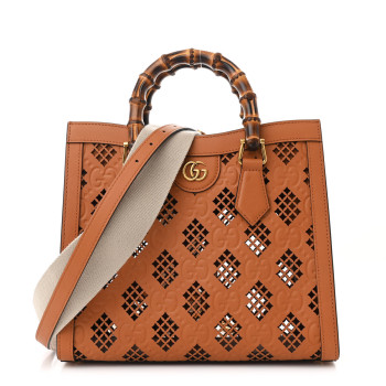 GUCCI Calfskin Debossed GG Lase-Cut Small Diana Tote Bag Harness Brown