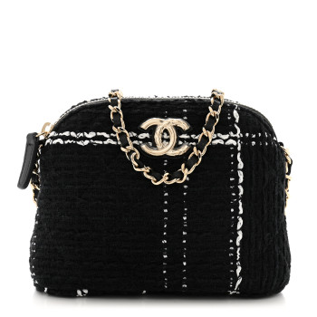 CHANEL Tweed Quilted Mini Clutch With Chain Black White