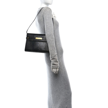 SAINT LAURENT Shiny Calfskin Crocodile Embossed Manhattan Baguette Black