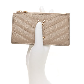 SAINT LAURENT Grain De Poudre Matelasse Chevron Monogram Fragments Zippered Card Case Deep Beige