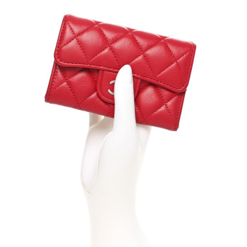 CHANEL Lambskin Quilted Flap Card Holder Wallet Red