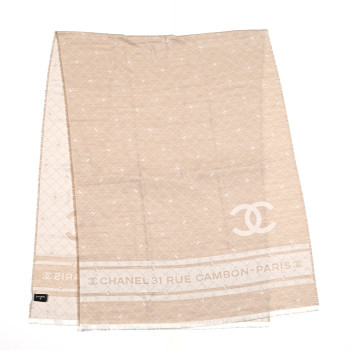 CHANEL Cotton Cashmere Silk 31 Rue Cambon CC Logo Stole Beige