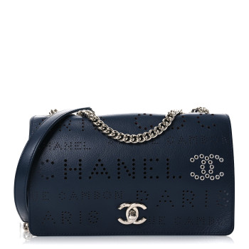 CHANEL Calfskin Tweed Eyelet Flap Bag Navy