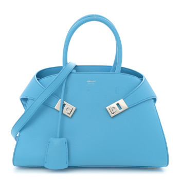 SALVATORE FERRAGAMO Natural Grain Calfskin Small Hug Bag Light Blue