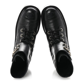 CHANEL Shiny Lambskin Quilted Lace Up Combat Boots 37 Black