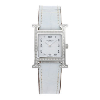 HERMES Stainless Steel Alligator Diamond Bezel Mother of Pearl 21mm Heure H Hour Quartz Watch Blanc