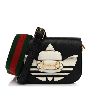 GUCCI X ADIDAS Textured Dollar Calfskin Web Trefoil Mini Horsebit 1955 Shoulder Bag Black Off White