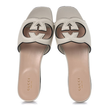 GUCCI Cosmos Softy Calfskin Interlocking G Cut Out Slide Sandals 37 Mystic White