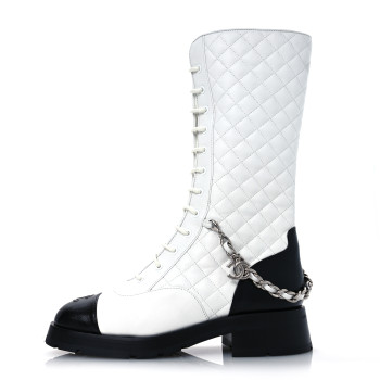 CHANEL Grained Calfskin Quilted Chain Lace Up Combat Long Boots 40.5 White Black