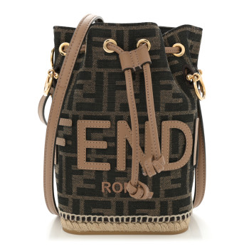 FENDI Fabric Jacquard Vitello Grace Raffia FF 1974 Logo Mini Mon Tresor Bucket Bag Tobacco Moro Sand