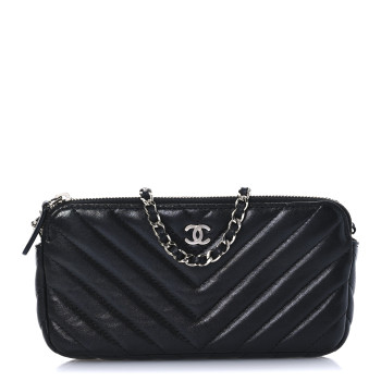 CHANEL Lambskin Chevron Quilted Small Clutch With Chain Black