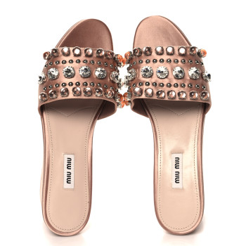 MIU MIU Satin Crystal Wedge Sandals 40 Cammeo