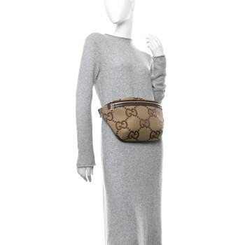 GUCCI Monogram Jumbo GG Textured Dollar Calfskin Web Belt Bag Camel Ebony New Acero