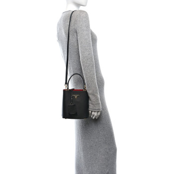 PRADA Saffiano Cuir Small Panier Bucket Bag Black Fuoco