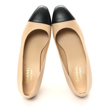 CHANEL Lambskin Cap Toe CC Uniform Pumps 41 Beige Black