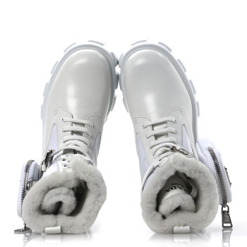 PRADA Spazzolato Rois Nylon Shearling Metal Triangle Logo Monolith Pouch Pocket 55mm Boots 35.5 White