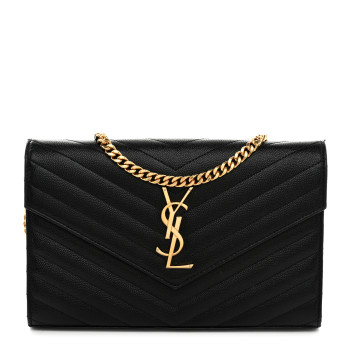SAINT LAURENT Grain De Poudre Matelasse Chevron Monogram Chain Wallet Black