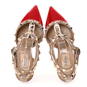 VALENTINO GARAVANI Patent Nappa Rockstud Ankle Strap 65mm Pumps 35 Rosso Valentino Poudre