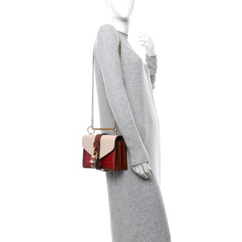 CHLOE Calfskin Crocodile Embossed Aby Chain Shoulder Bag Pink Red