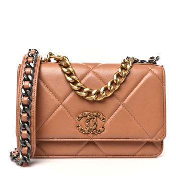 CHANEL Lambskin Quilted Chanel 19 Wallet On Chain WOC Brown