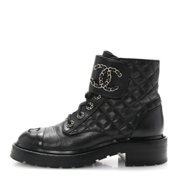 CHANEL Shiny Lambskin Quilted Lace Up Combat Boots 37 Black