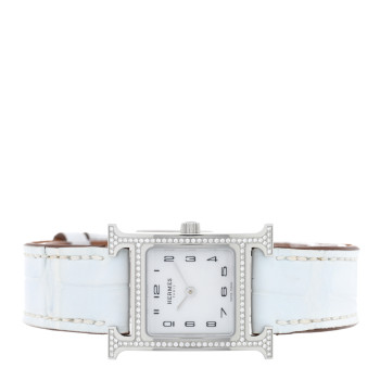 HERMES Stainless Steel Alligator Diamond Bezel Mother of Pearl 21mm Heure H Hour Quartz Watch Blanc