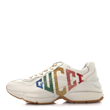 GUCCI Calfskin Glitter Game Logo Womens Rhyton Sneakers 37.5 Mystic White