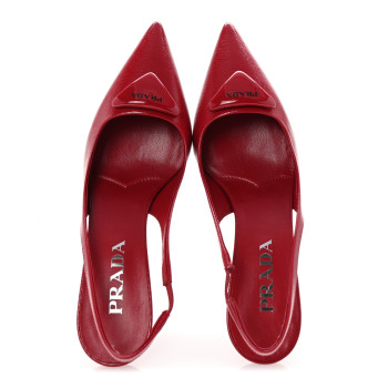PRADA Vernice Saffiano Triangle Logo Pointed Toe 75mm Slingback Pumps 37 Cherry Red