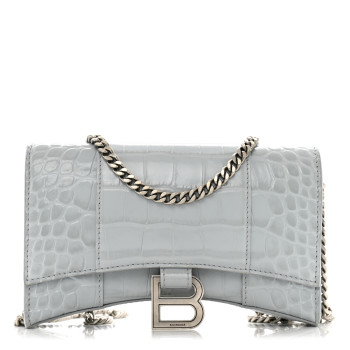 BALENCIAGA Shiny Metallic Calfskin Crocodile Embossed Hourglass Chain Bag Ash Blue