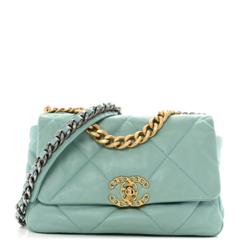 CHANEL Goatskin Quilted Medium Chanel 19 Flap Light Blue