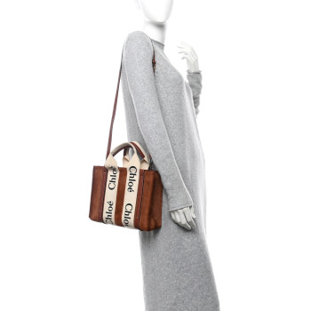 CHLOE Suede Calfskin Small Woody Ribbon Tote Sepia Brown