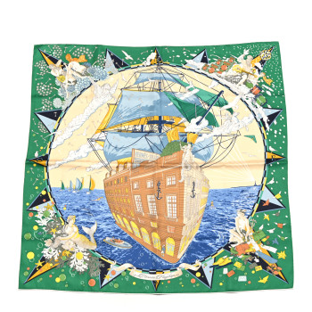 HERMES Silk Flagship Scarf 90 Emeraude Bleu Jean