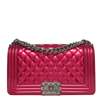CHANEL Metallic Patent Calfskin Quilted Medium Boy Flap Pink