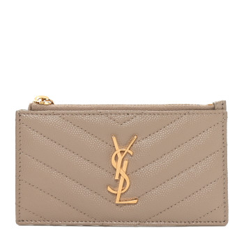 SAINT LAURENT Grain De Poudre Matelasse Chevron Monogram Fragments Zippered Card Case Deep Beige