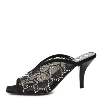 GUCCI Tela Retino Kid Scamosciato Crystal GG Monogram Square G 95mm Slide Sandals 35 Black