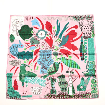 HERMES Silk La Maison Des Oiseaux Parleurs Scarf 90 Rose Vert