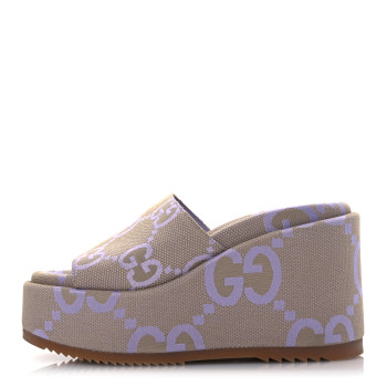 GUCCI Monogram Jumbo GG Platform Slide Wedge Sandals 39 Beige Lapis