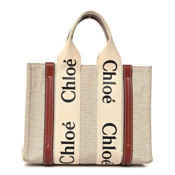 CHLOE Cotton Calfskin Small Woody Ribbon Tote White Brown